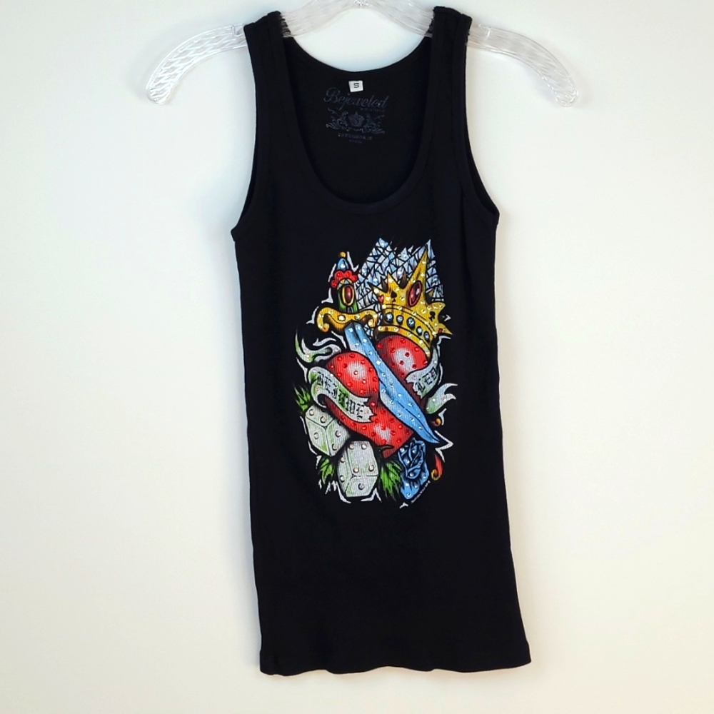 Bejeweled Tank Top by Susan Fixel Womens S Black with multi-color Rhinestones